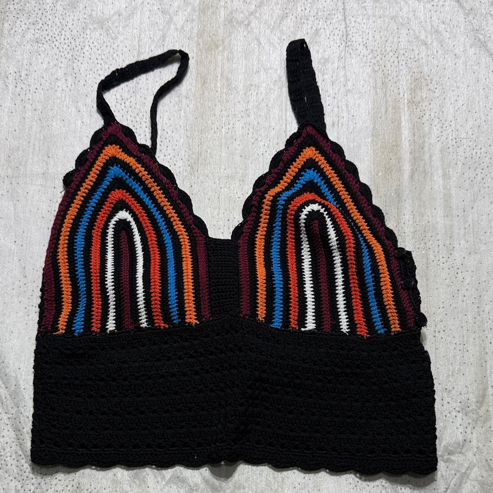 SANDRO PARIS FENDA MULTICOLOR CROCHET STRIPE CROP TOP size 2